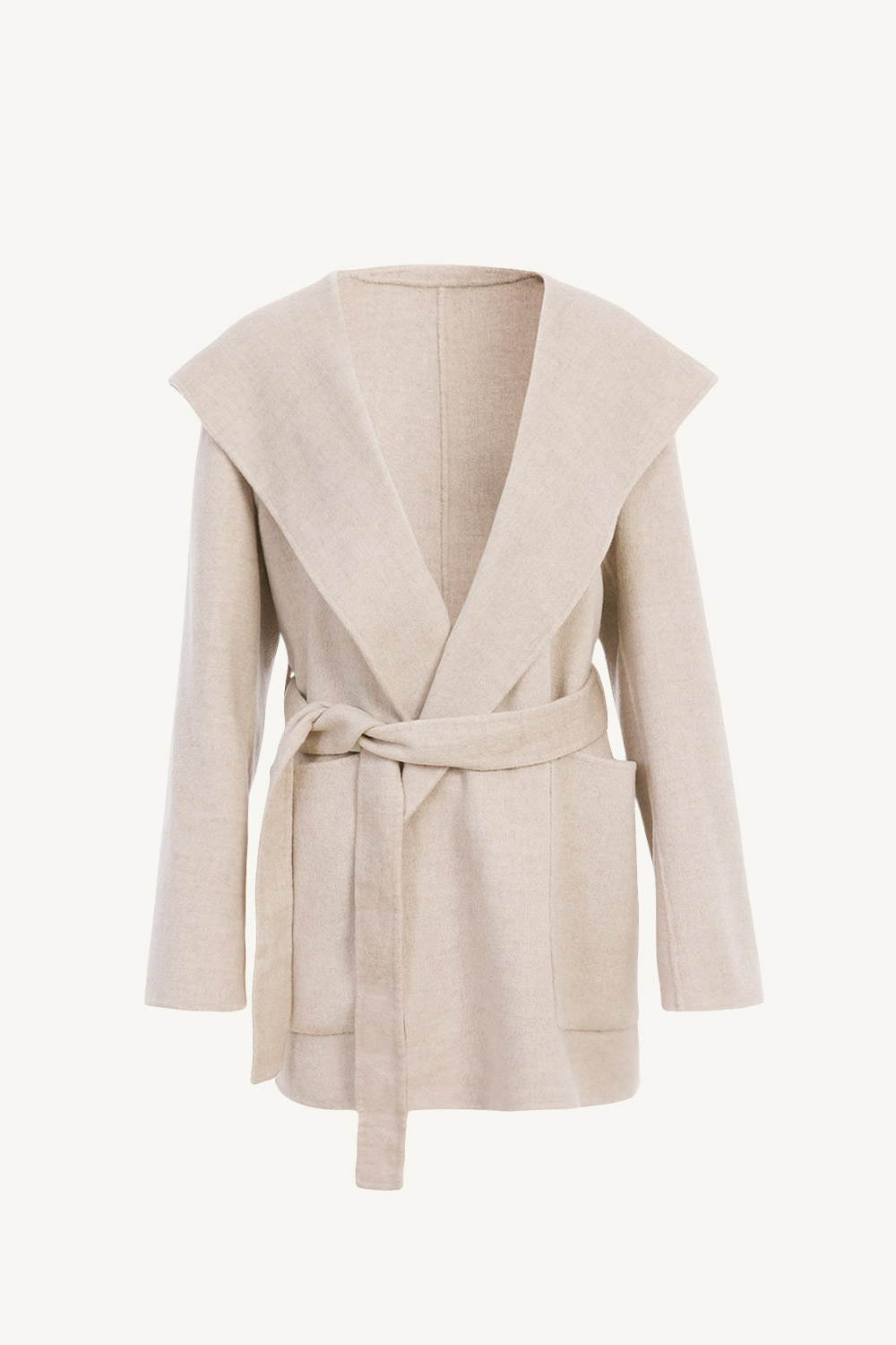 front 100%Cashmere連帽綁帶短大衣